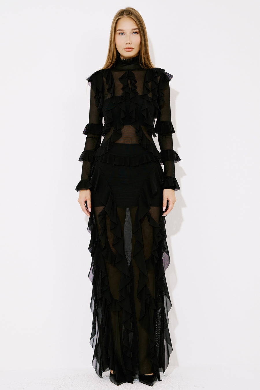 Sheer Ruffled Maxi Dress