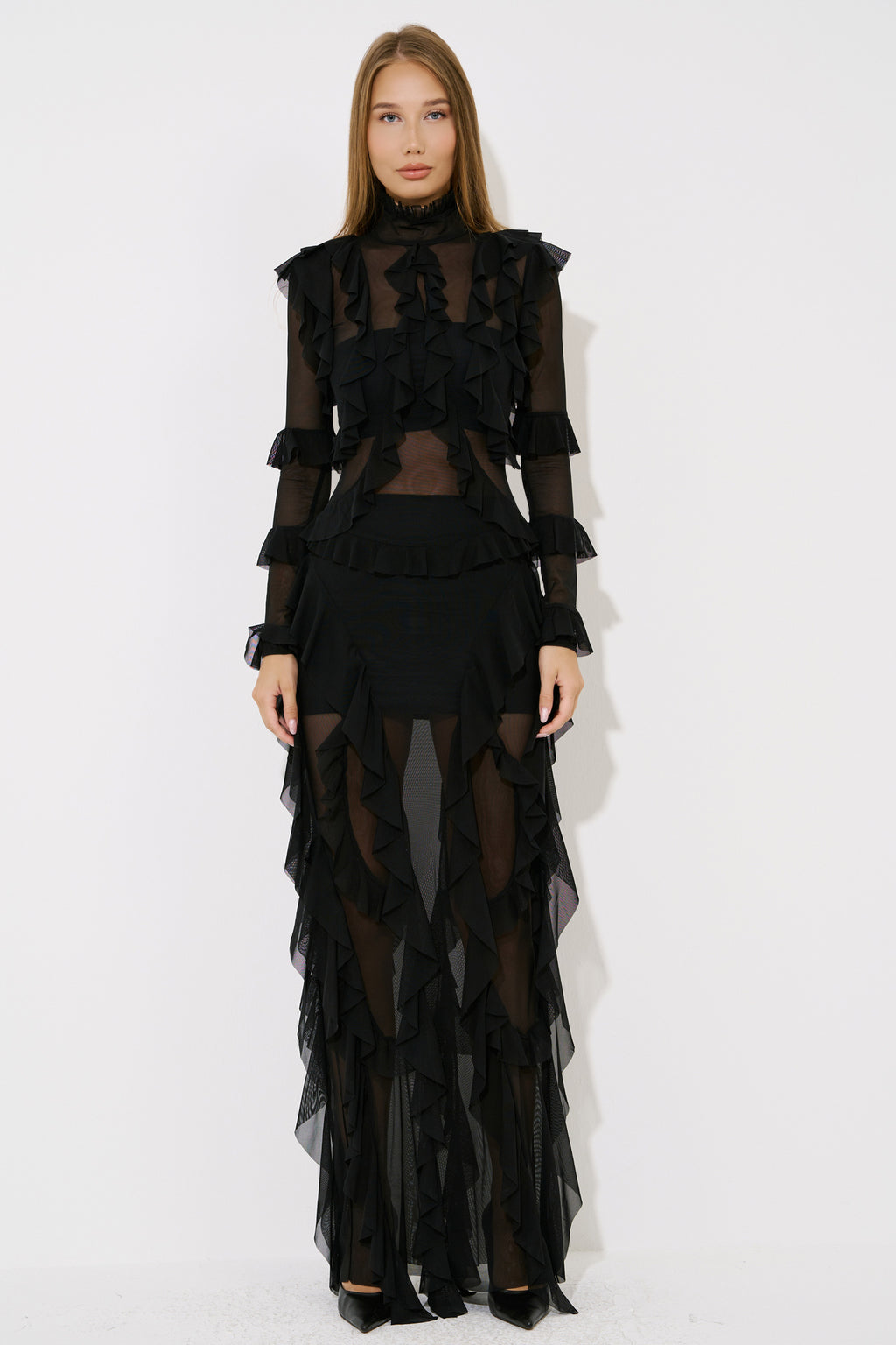 Sheer Ruffled Maxi Dress