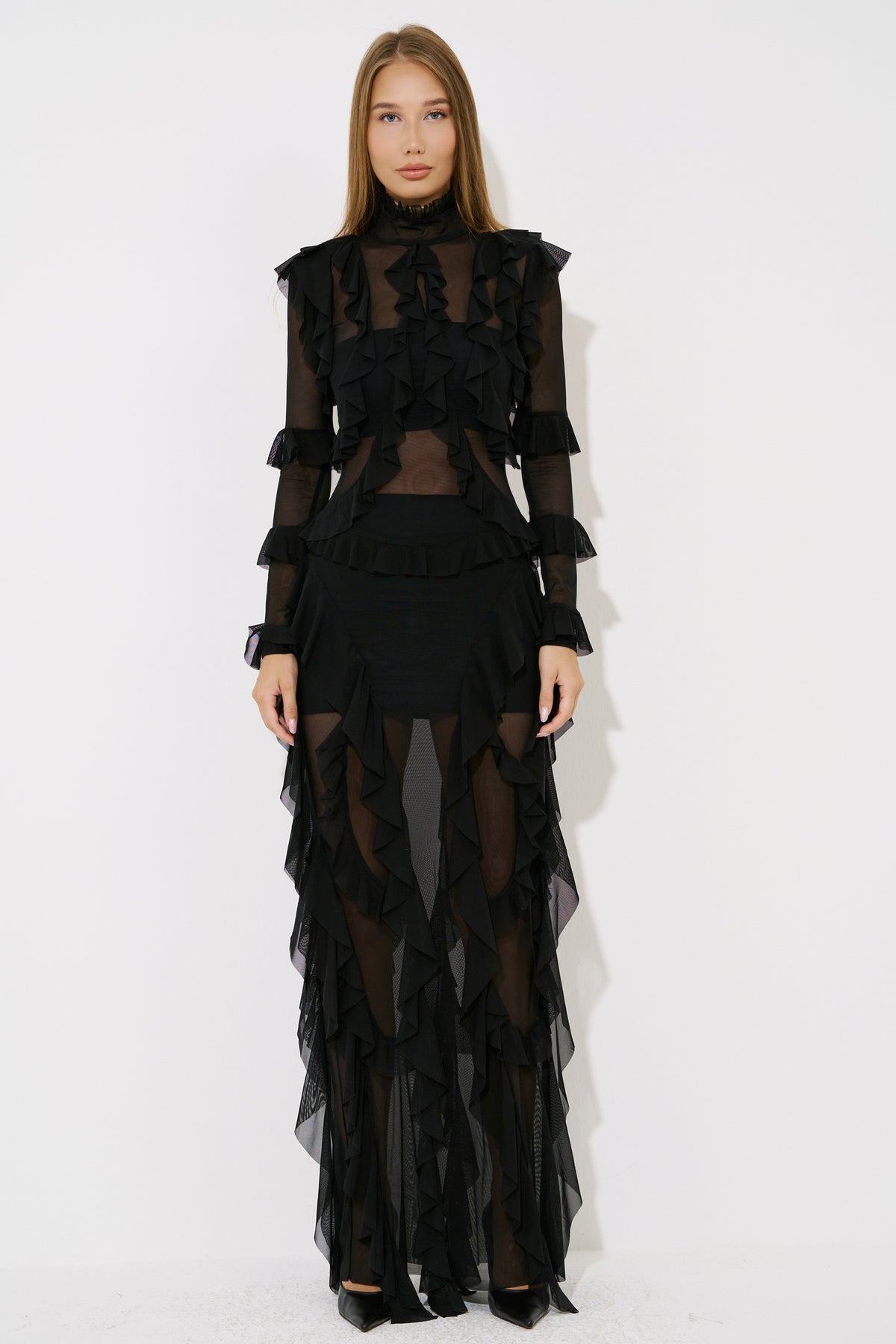 Sheer Ruffled Maxi Dress
