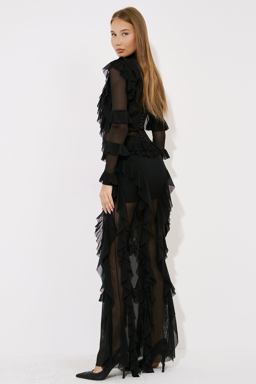 Sheer Ruffled Maxi Dress