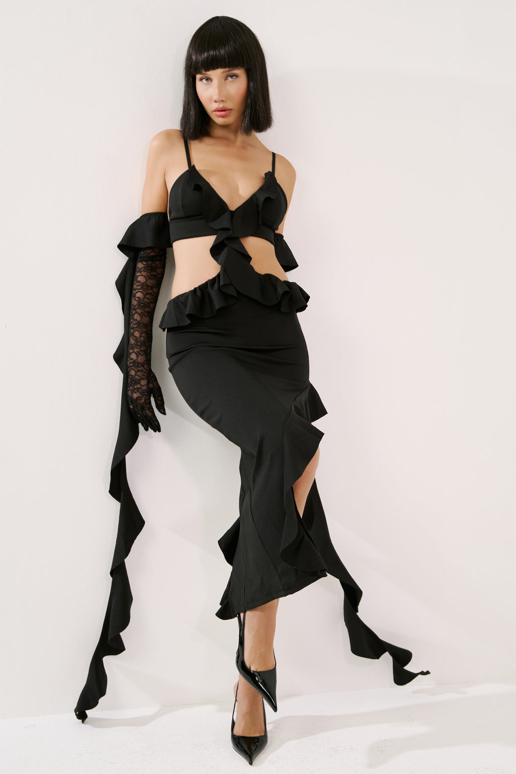 Ruffle Cami Dress with Lace Gloves