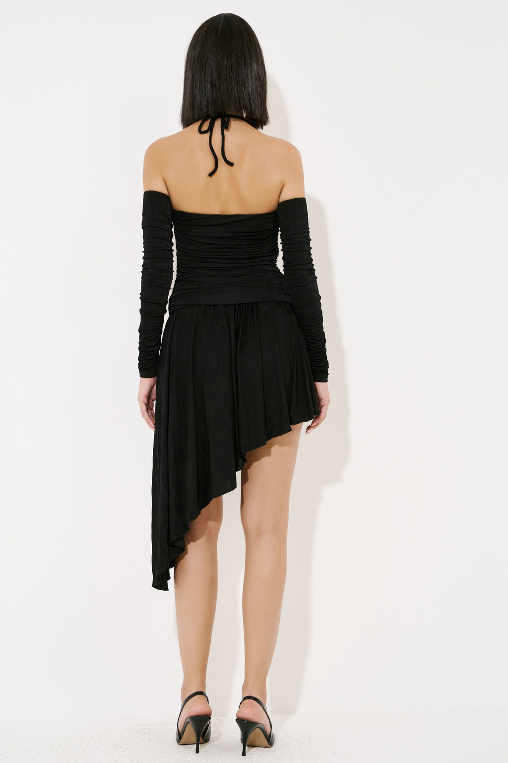 Shirred Asymmetric Dress with Detached Sleeves