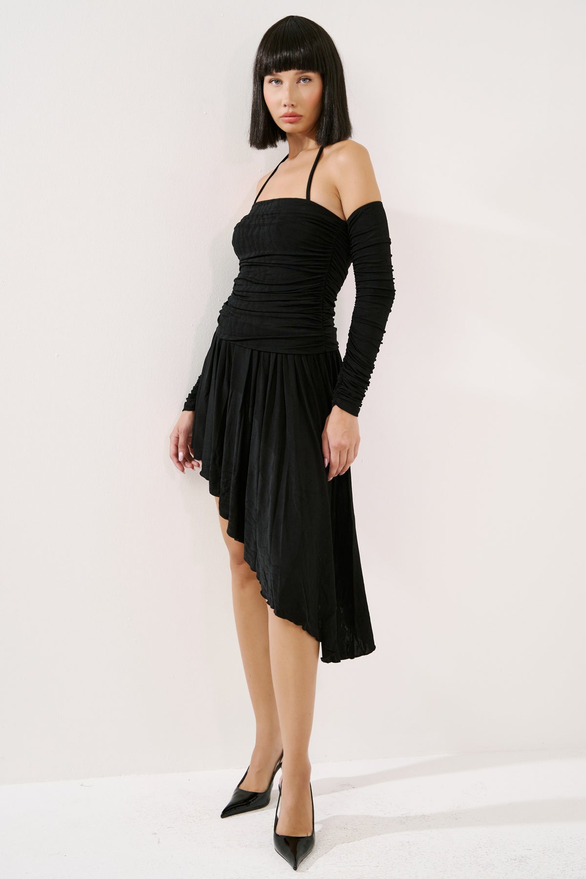 Shirred Asymmetric Dress with Detached Sleeves