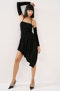 Shirred Asymmetric Dress with Detached Sleeves