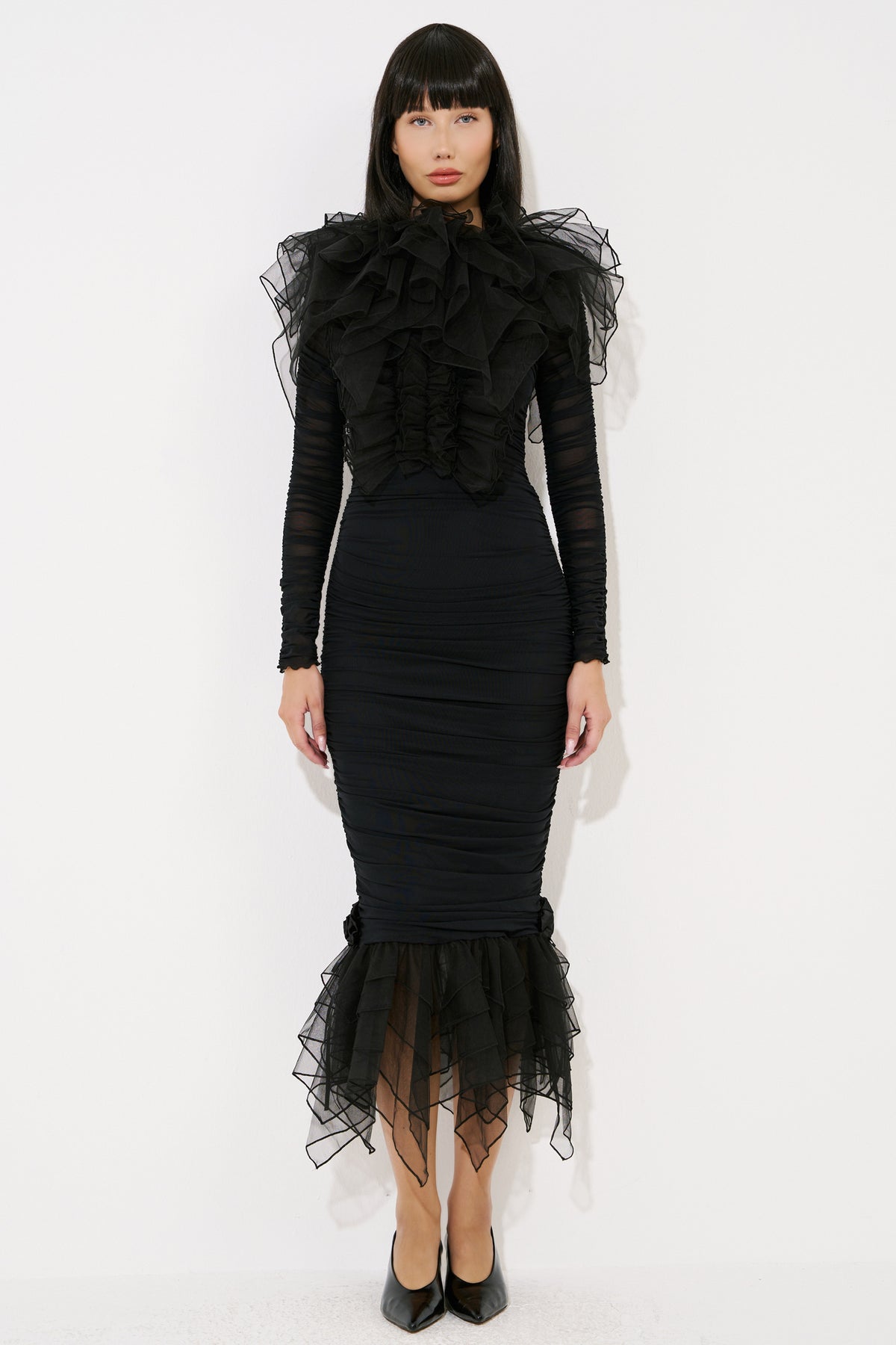 Ruffle Tulle-Trim Dress with Detachable Belt