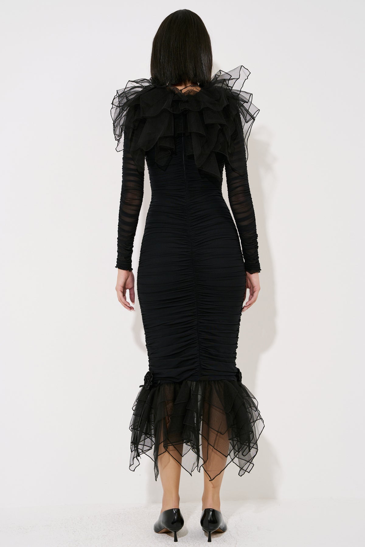 Ruffle Tulle-Trim Dress with Detachable Belt