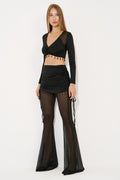 Crop Tül Bluz & Pantolon Takım - Black duruş