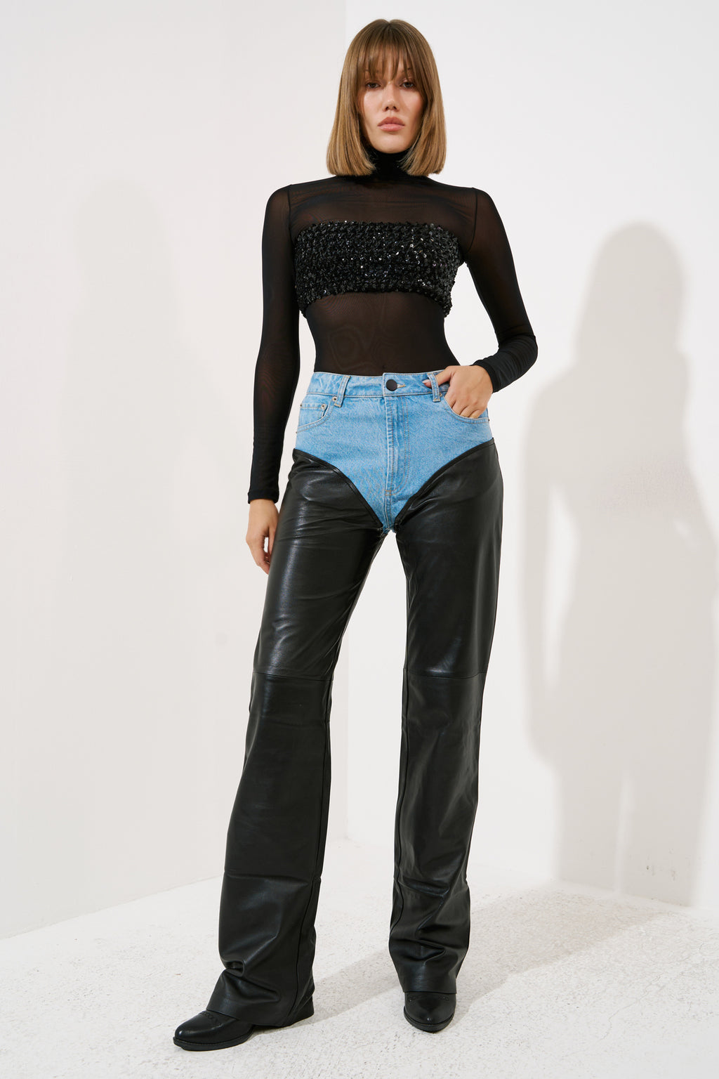 Kot Detaylı Deri Pantolon - Blue-Black ön