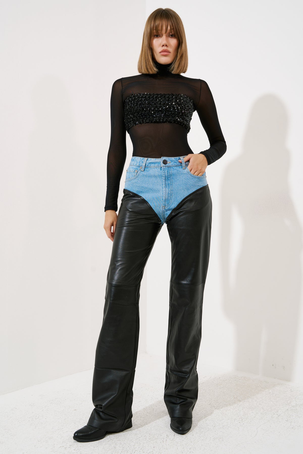 Kot Detaylı Deri Pantolon - Blue-Black ön