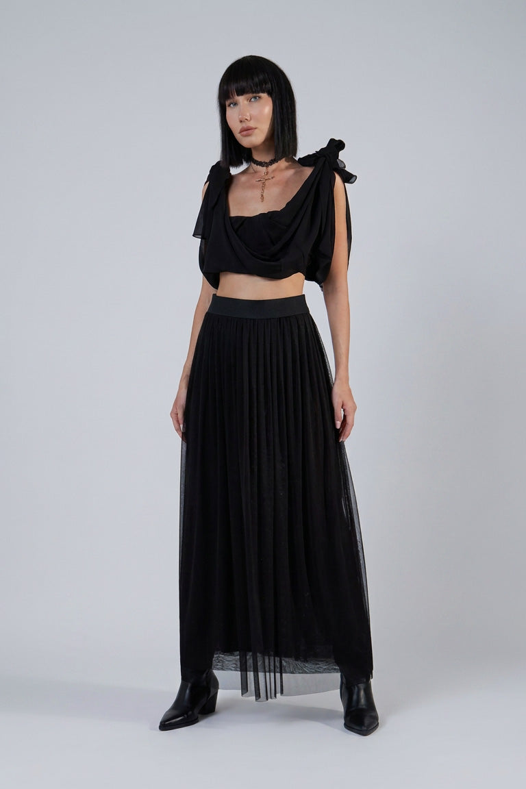 Beli Lastikli Tül Maxi Etek - Black duruş