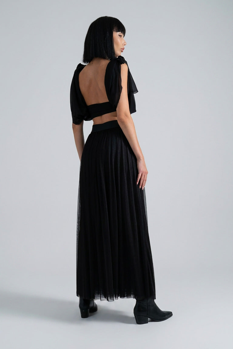 Beli Lastikli Tül Maxi Etek - Black arka