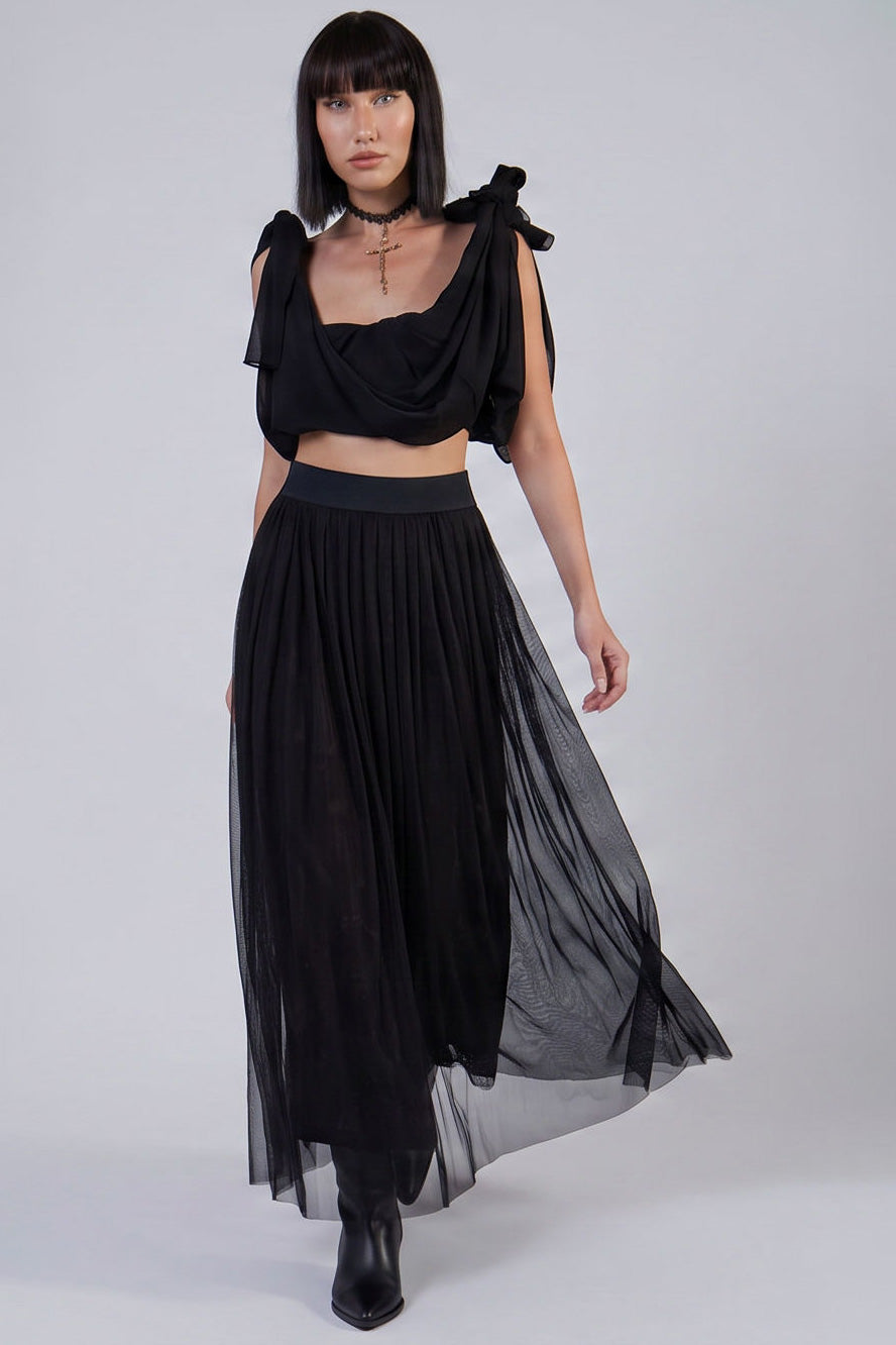 Beli Lastikli Tül Maxi Etek - Black yan