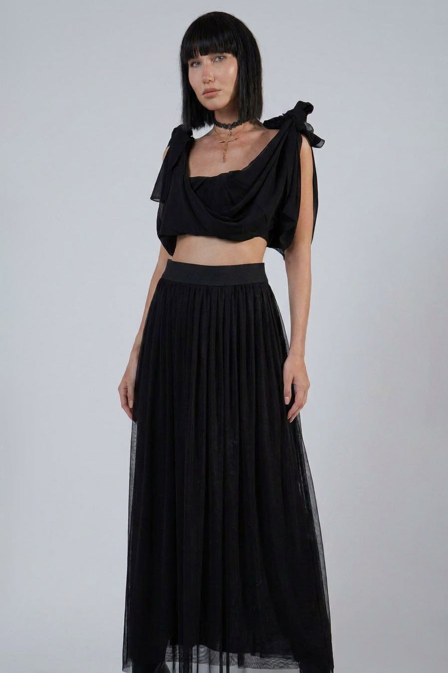 Beli Lastikli Tül Maxi Etek - Black ön