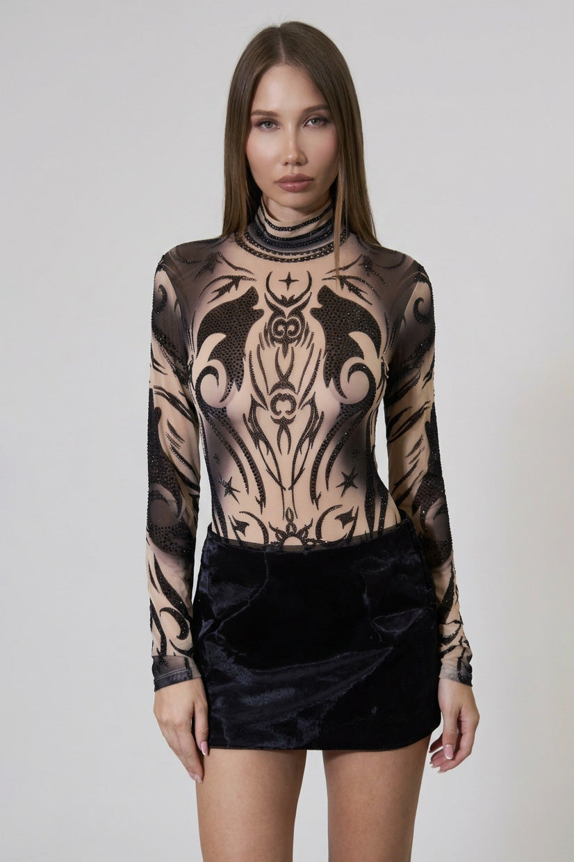 Dövme Desenli Transparan Bodysuit - Desenli - ön boy