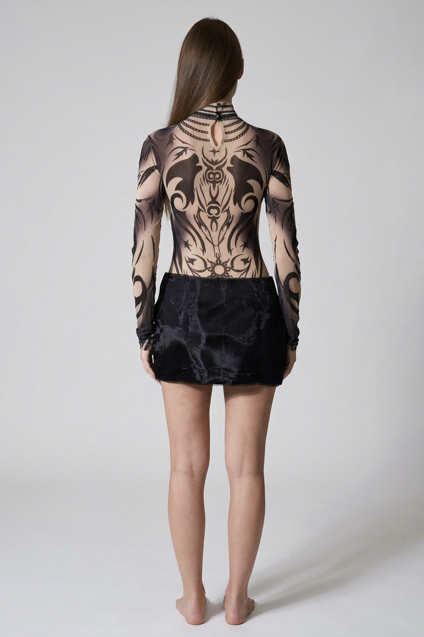 Dövme Desenli Transparan Bodysuit - Desenli - arka boy