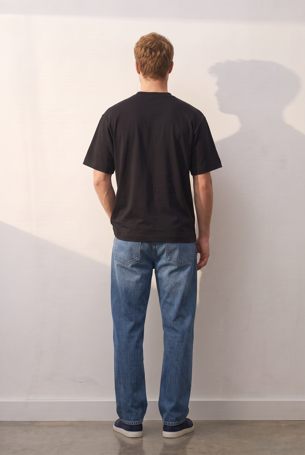 Essential Cotton siyah tişört — model üzerinde, arka