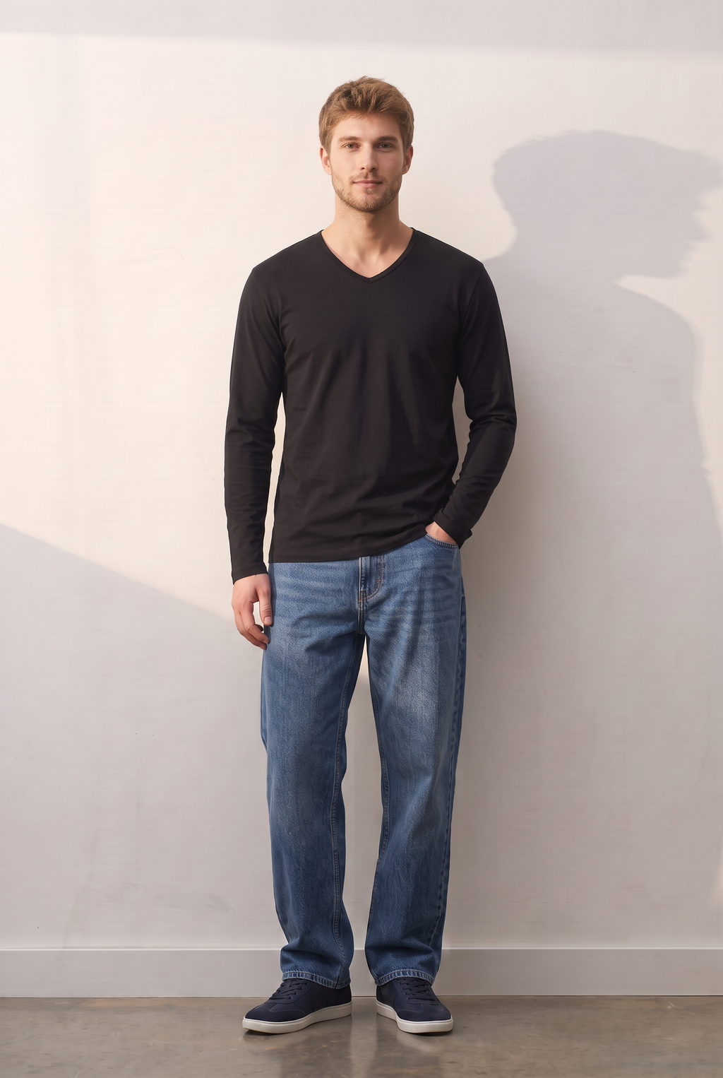 Modal V Long-Sleeve siyah tişört — model üzerinde, ön