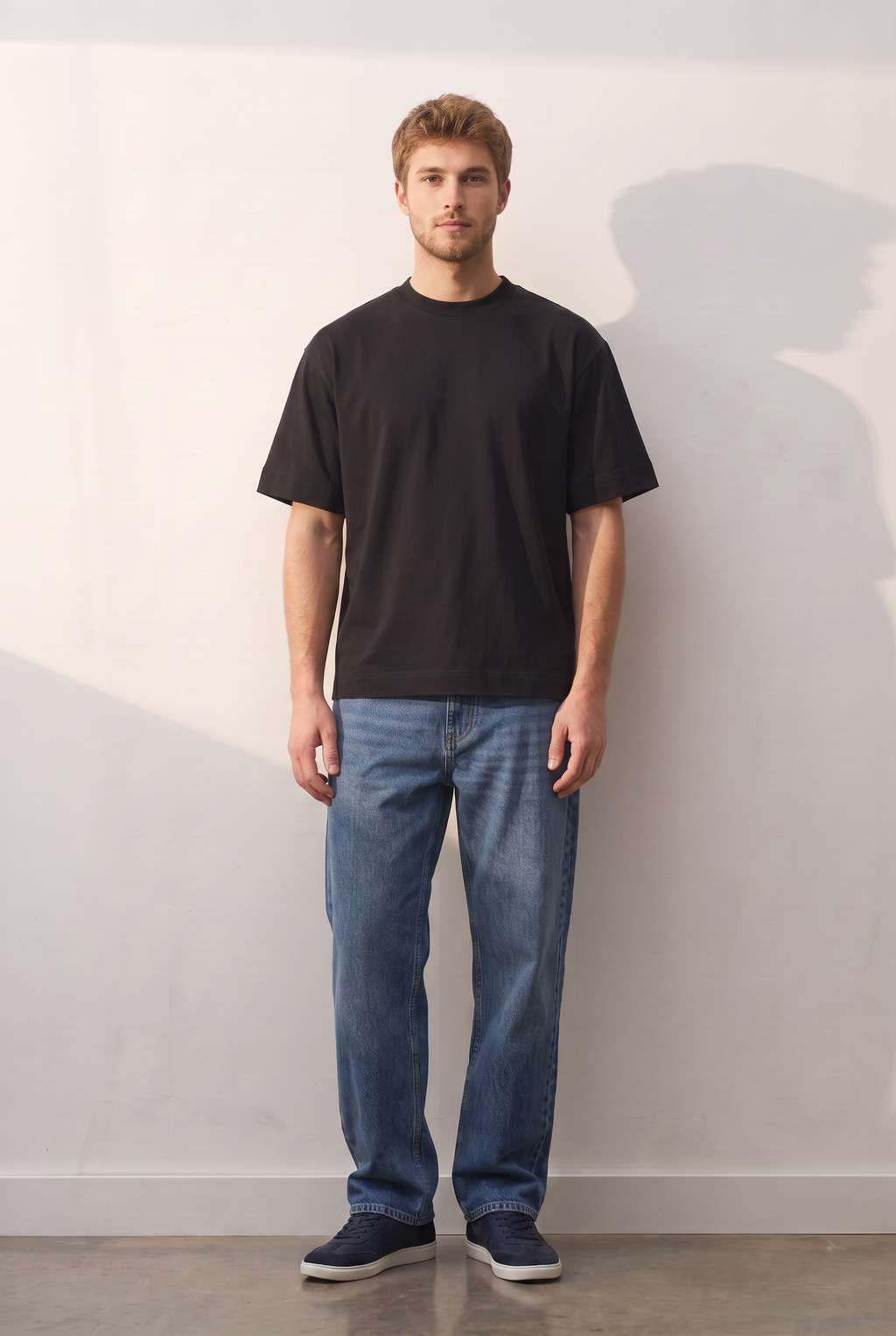 Oversize Cotton-Poly siyah tişört — model üzerinde, ön