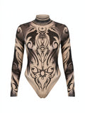 Dövme Desenli Transparan Bodysuit - Desenli - ön