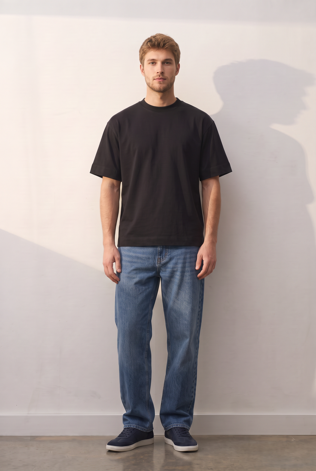 Stretch Cotton Regular siyah tişört — model üzerinde, ön