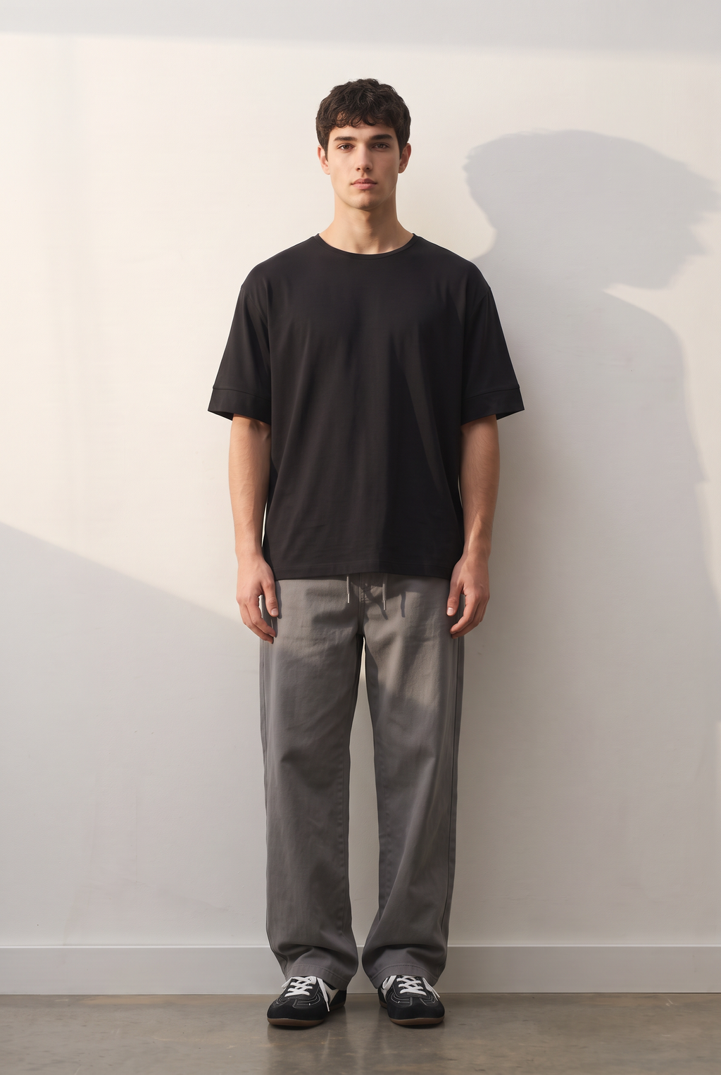 Modal Oversize siyah tişört — model üzerinde, ön
