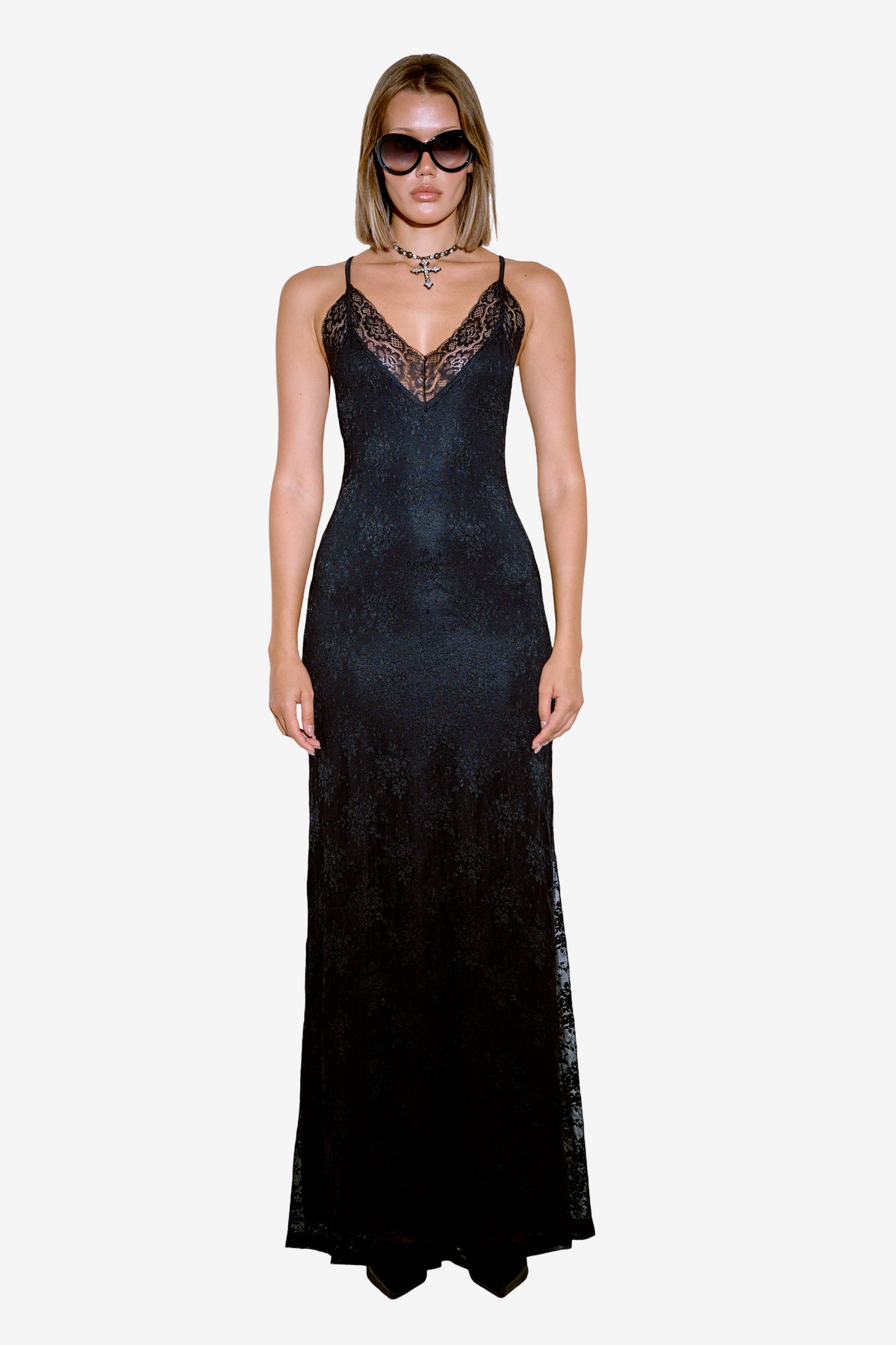 V-Neck Maxi Lace Dress with Lining