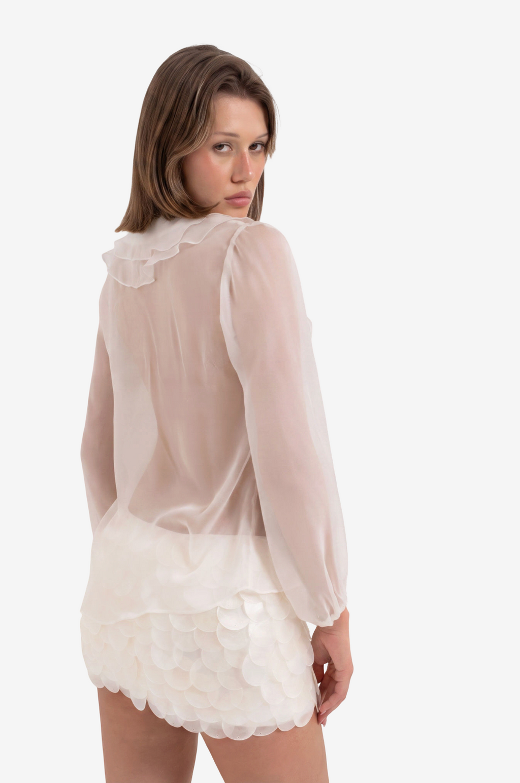 Ruffle-Front Mesh Shirt