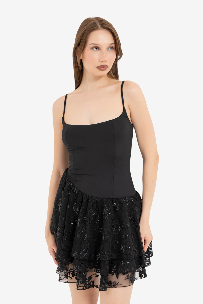 Spaghetti-Strap Dress with Embroidered Skirt