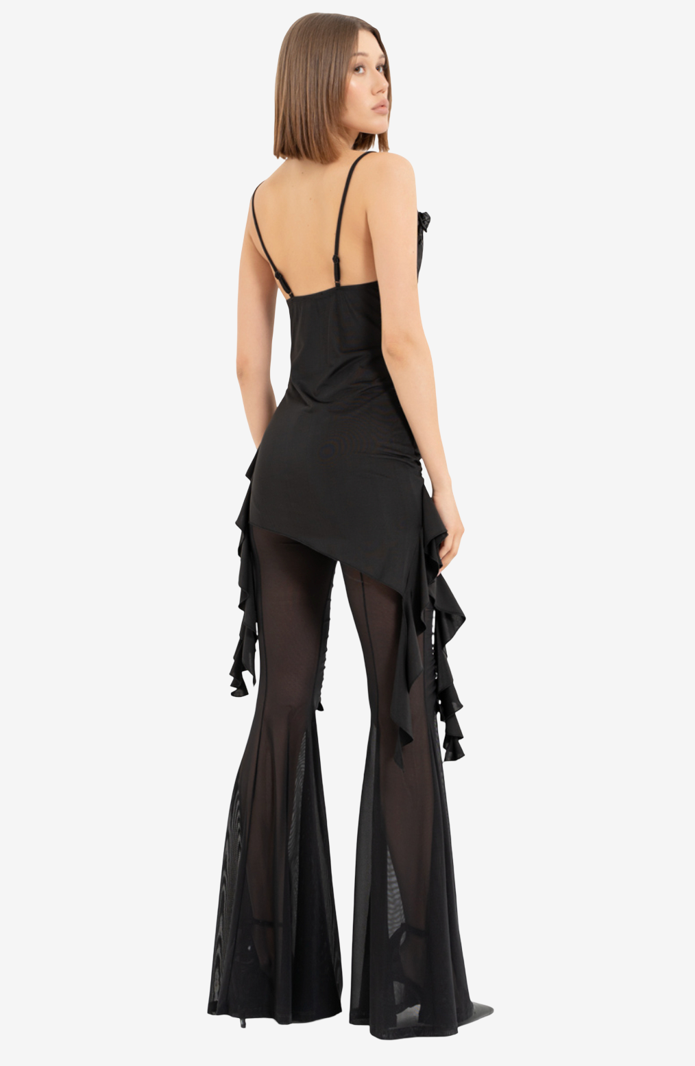 Ruffle-Accent Cowl-Neck Top & Flare Mesh Pants Set