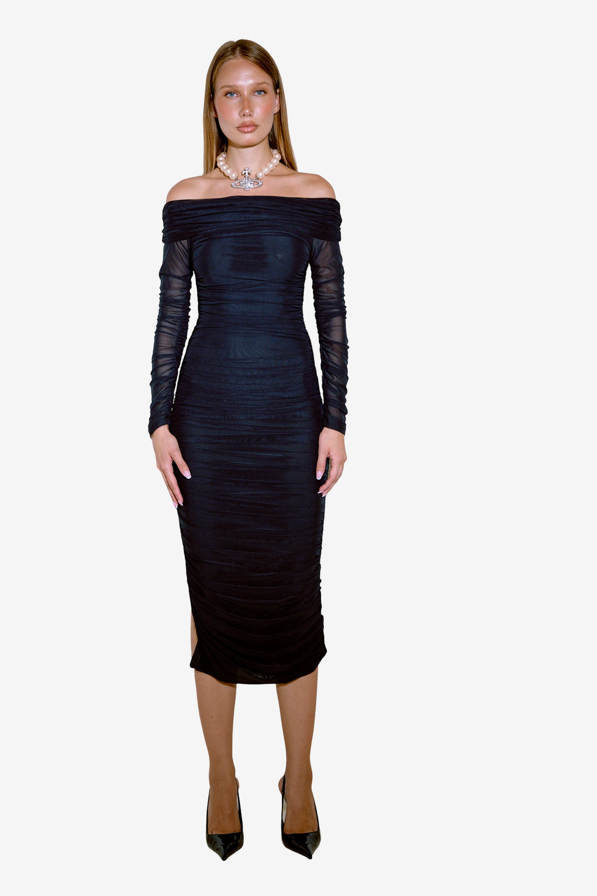 Off-the-Shoulder Midi Dress with Lining