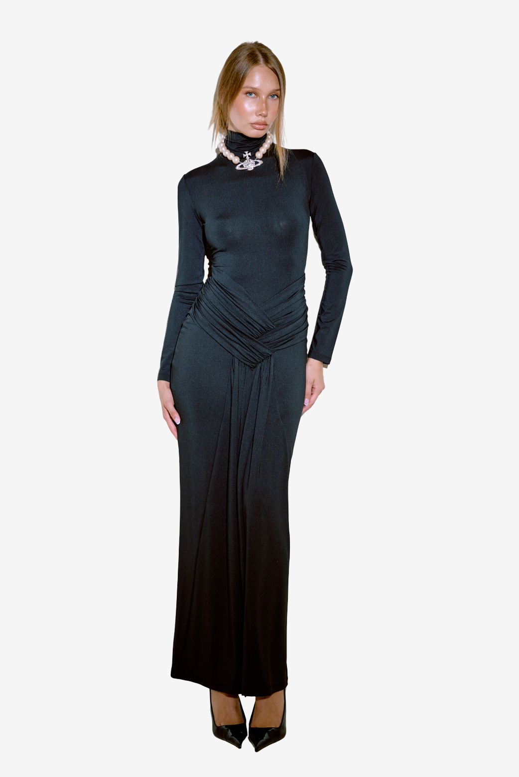 Mock Neck Split-Front Maxi Dress with Hidden Zip