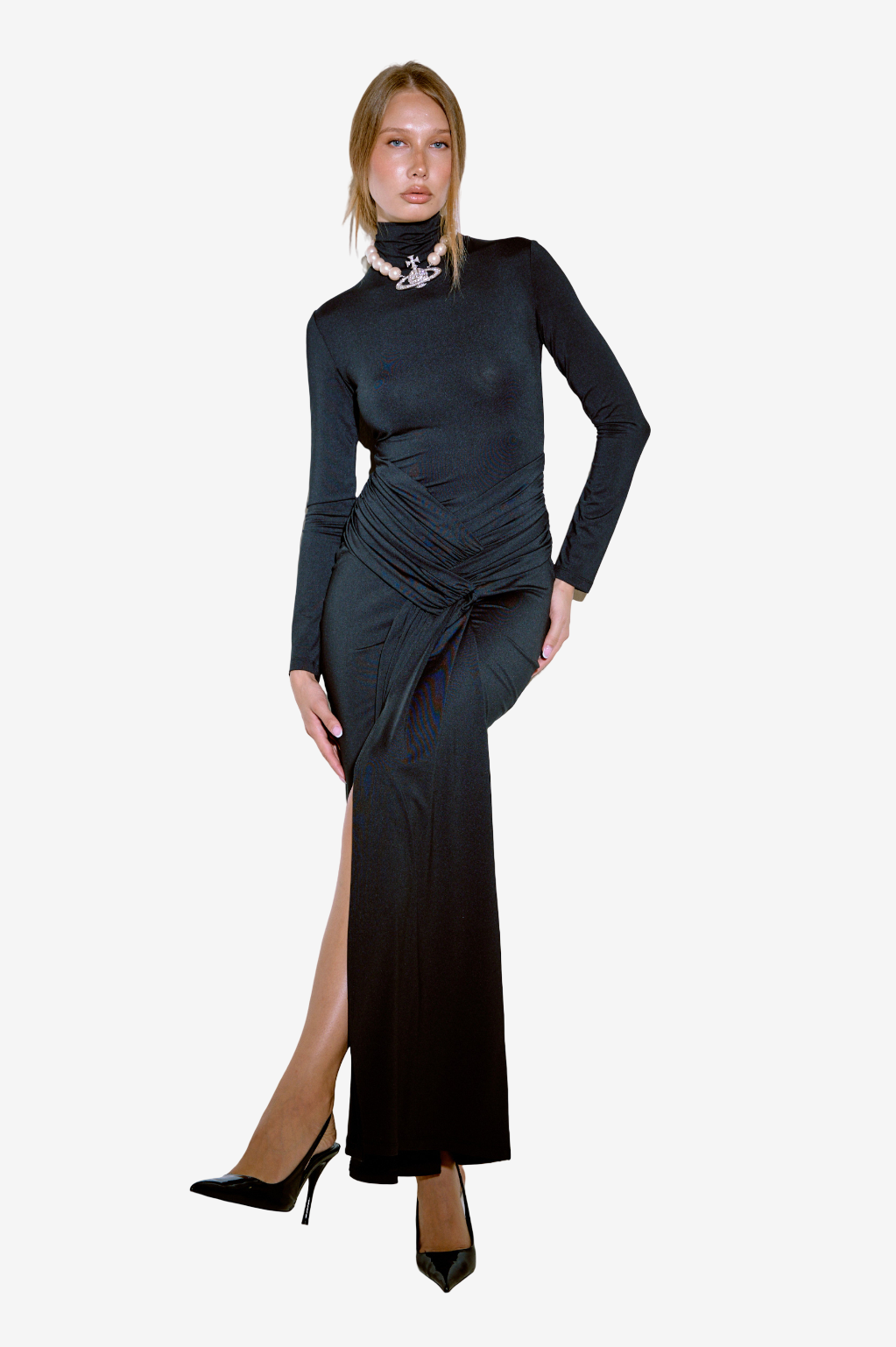 Mock Neck Split-Front Maxi Dress with Hidden Zip