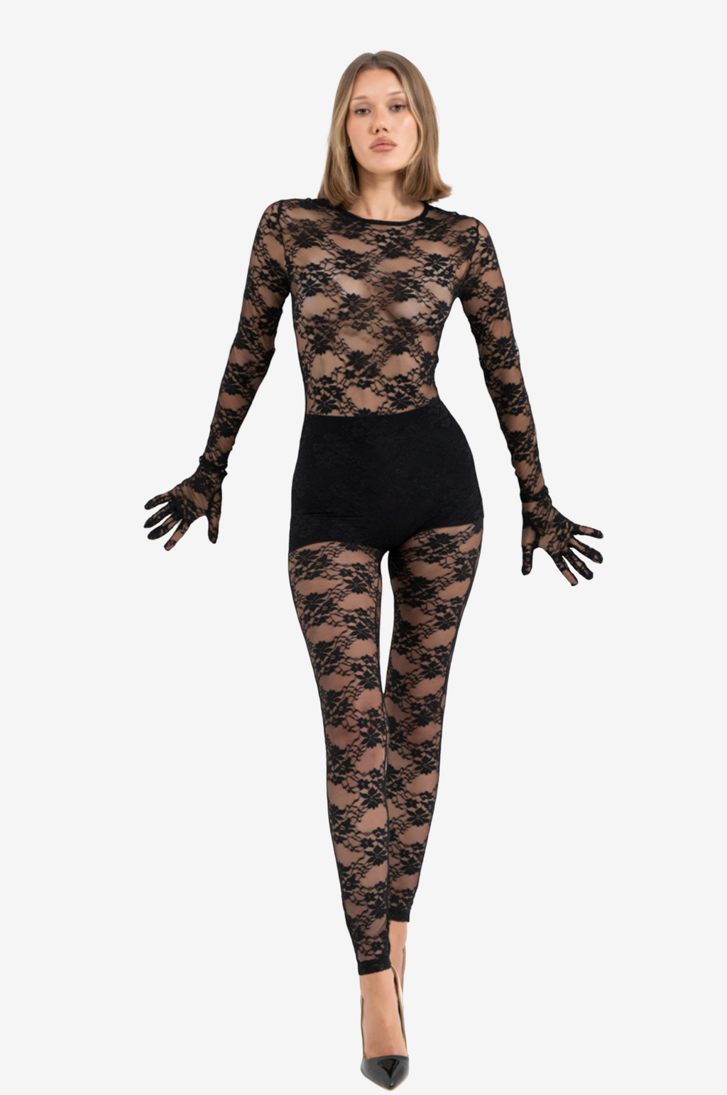 Sheer Lace Jumpsuit with Detachable Gloves and Hidden Back Zip