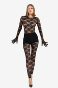 Sheer Lace Jumpsuit with Detachable Gloves and Hidden Back Zip