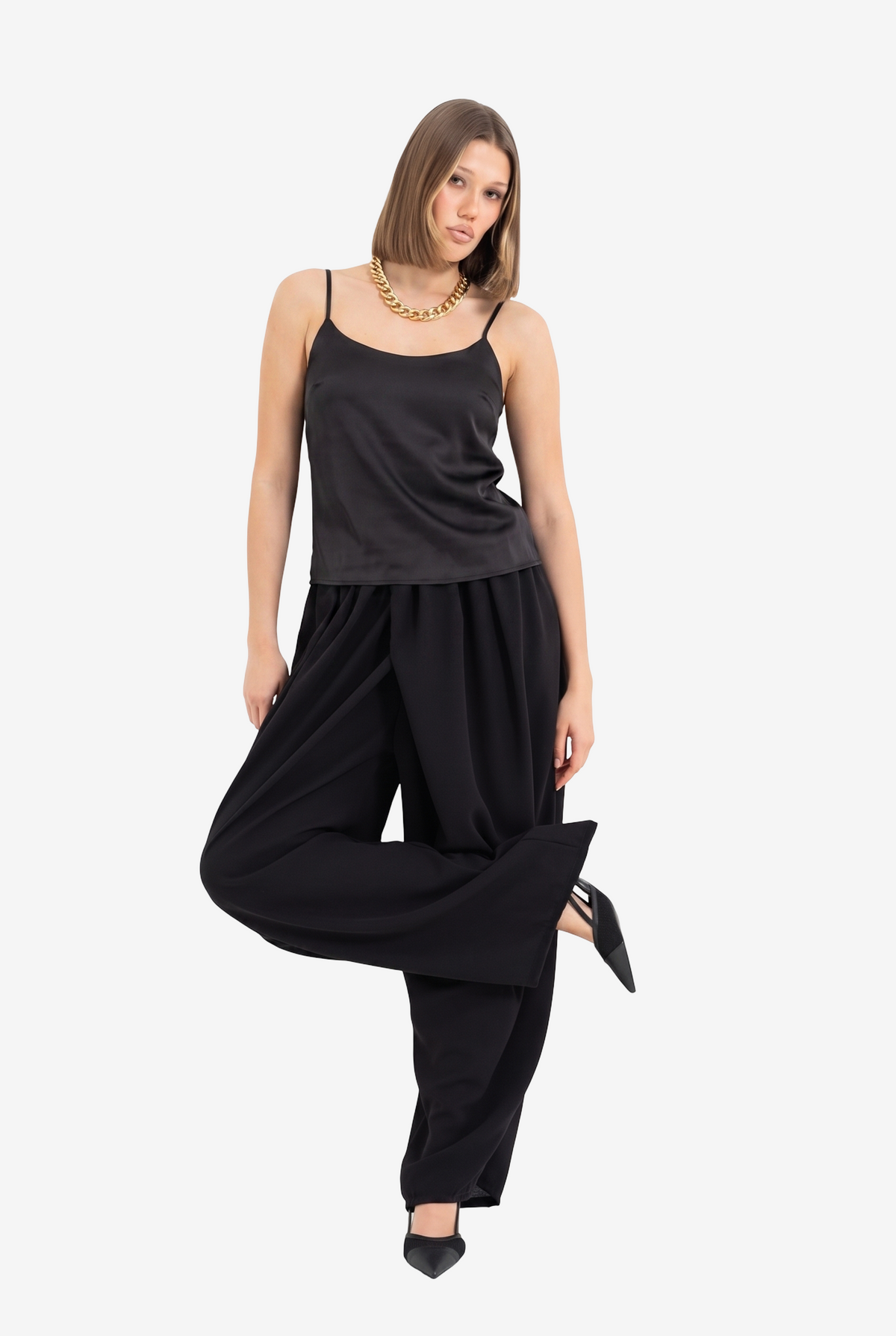 Asymmetric-Front Harem Pants with Pockets