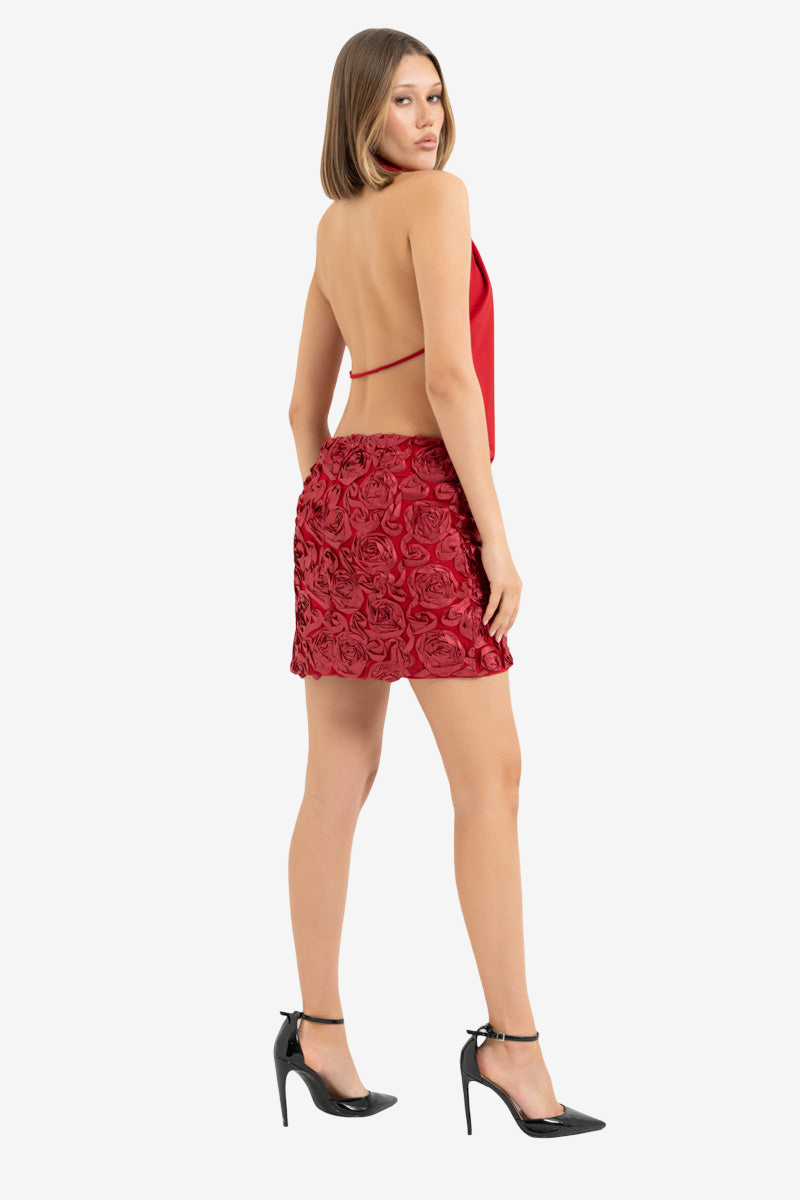 Backless Rose-Accent Satin Mini Dress