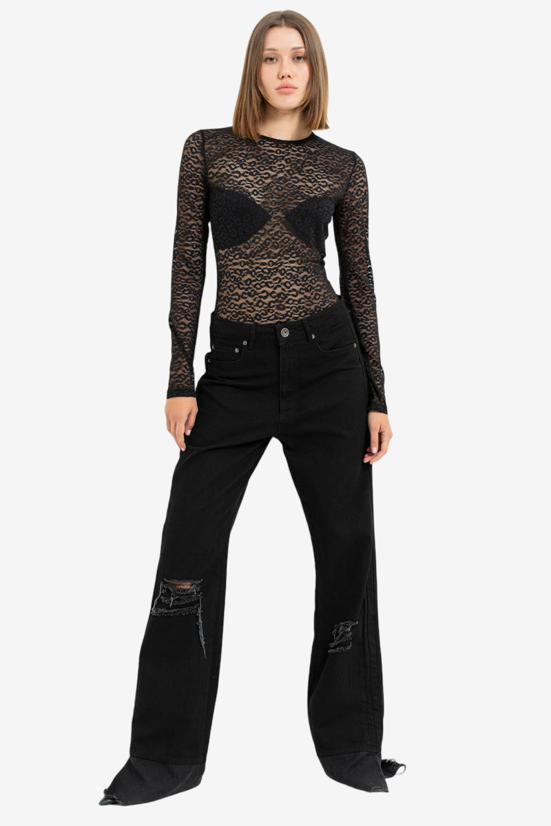 Sheer Long-Sleeve Bodysuit with Partial Lining