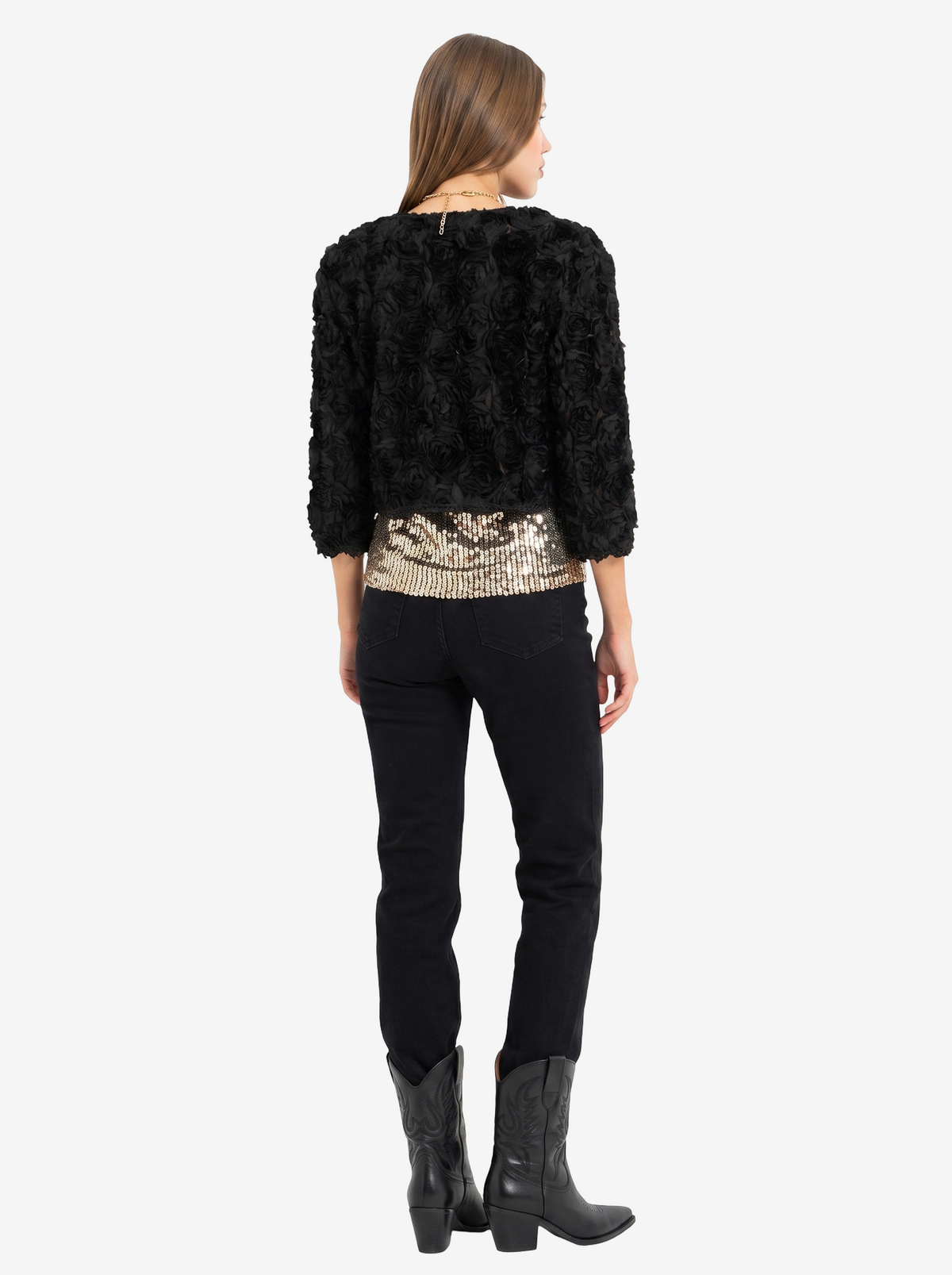 Three-Quarter Sleeve Rose-Accent Crop Jacket