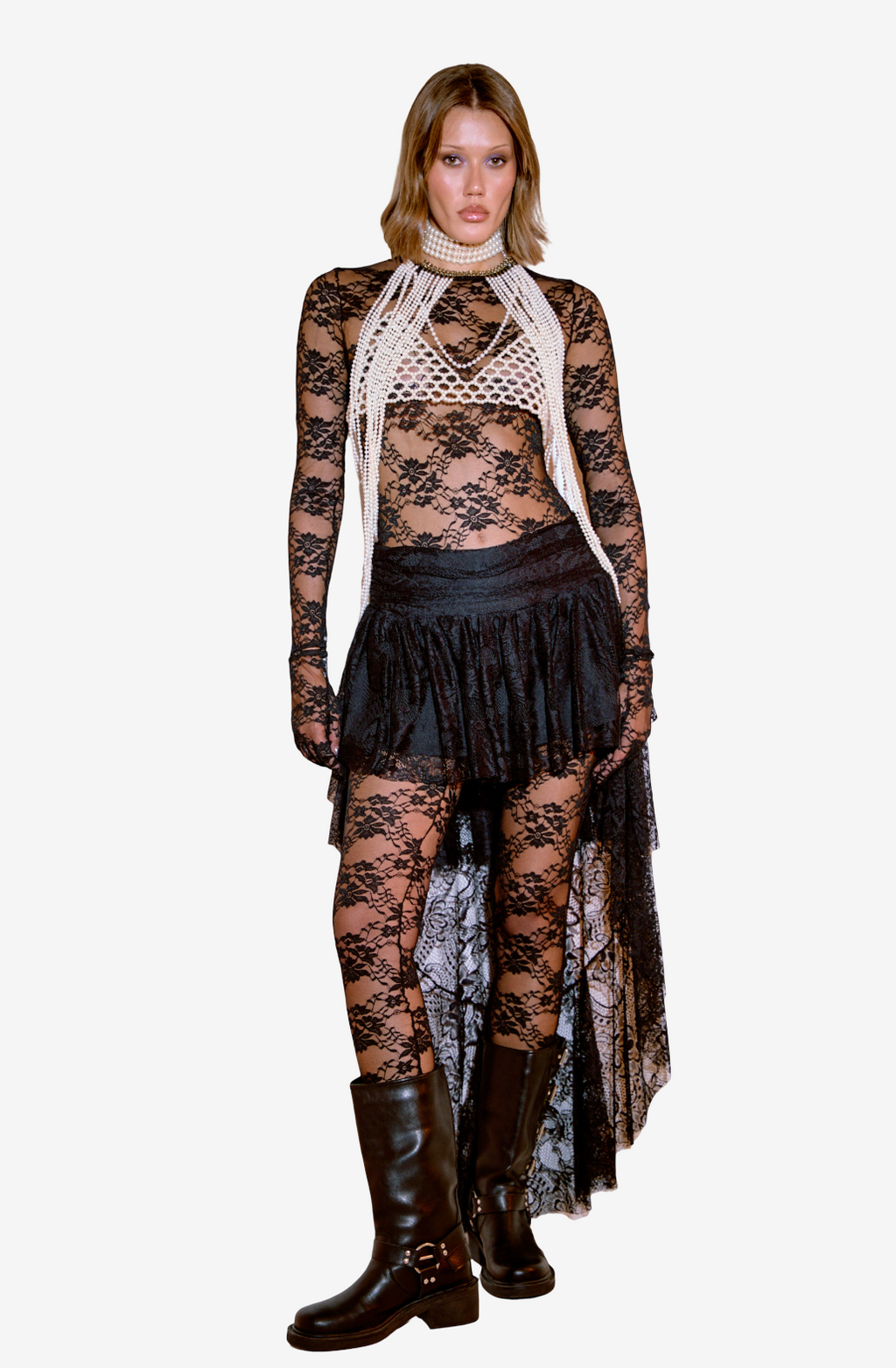 Sheer Lace Jumpsuit with Detachable Gloves and Hidden Back Zip
