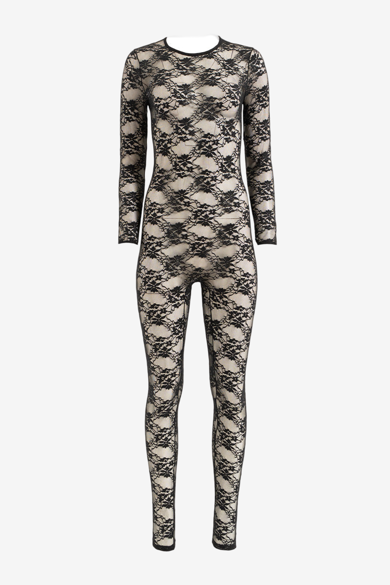 Sheer Lace Jumpsuit with Detachable Gloves and Hidden Back Zip