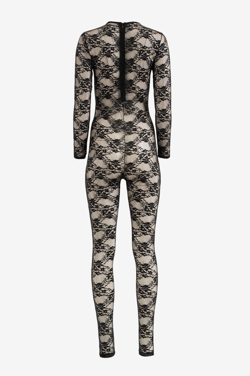 Sheer Lace Jumpsuit with Detachable Gloves and Hidden Back Zip