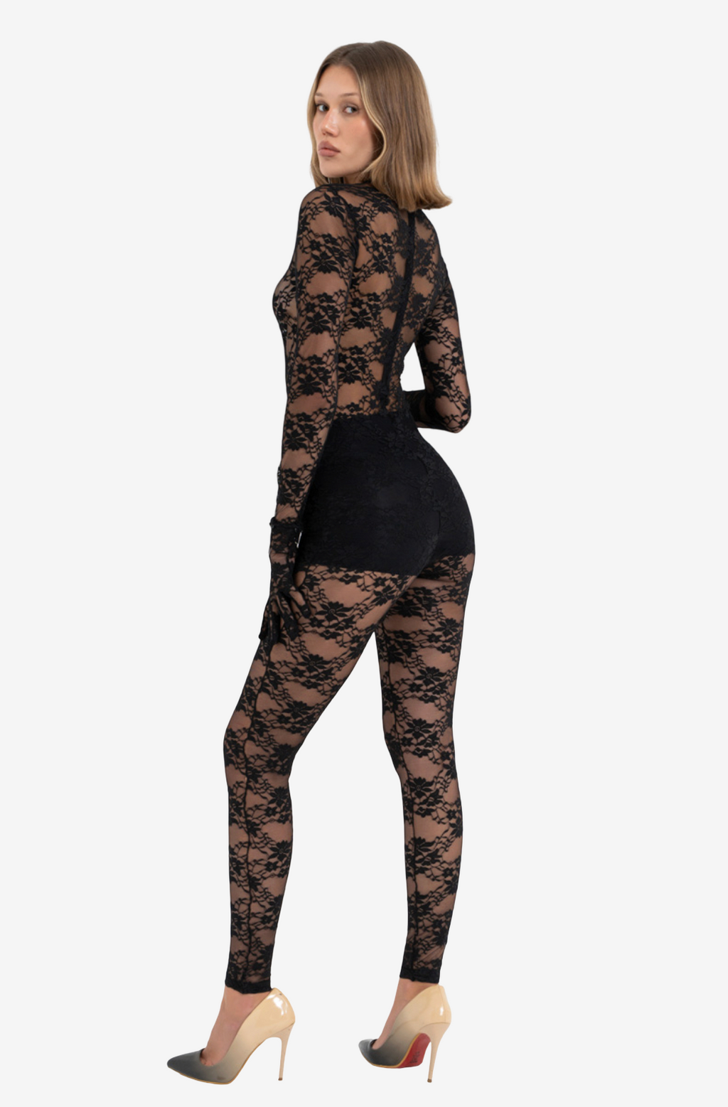 Sheer Lace Jumpsuit with Detachable Gloves and Hidden Back Zip