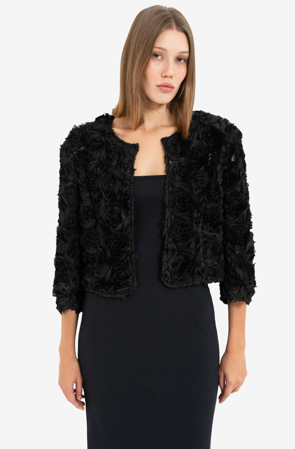 Three-Quarter Sleeve Rose-Accent Crop Jacket