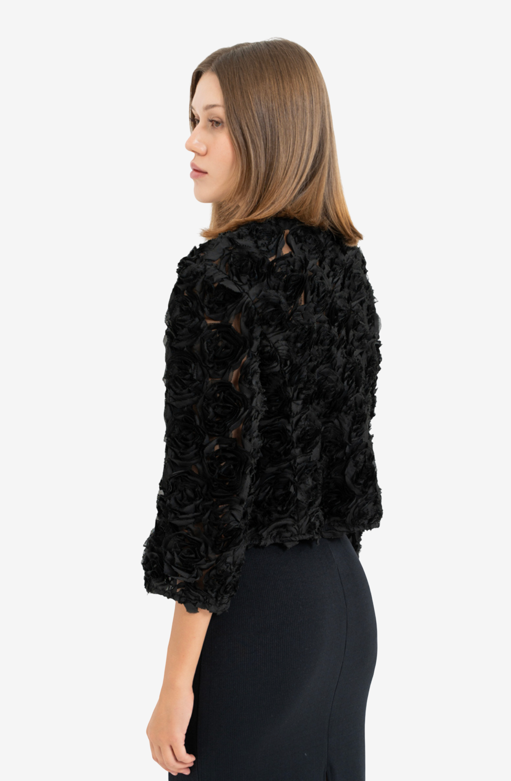 Three-Quarter Sleeve Rose-Accent Crop Jacket