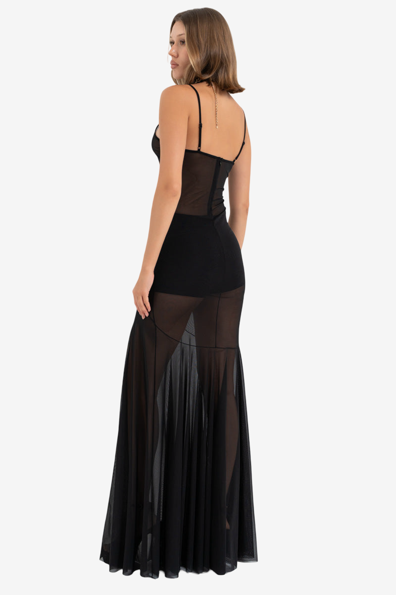 Sheer Pleated Maxi Dress with Adjustable Straps