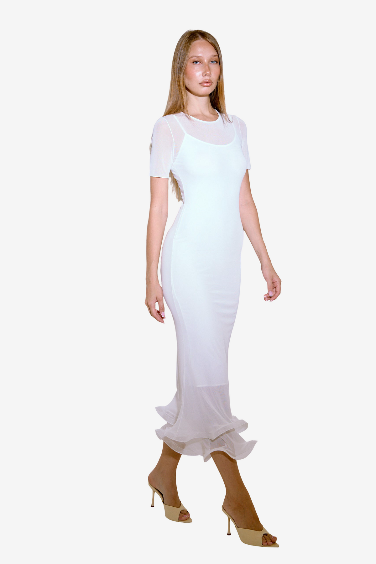 Ruffled-Hem Midi Dress with Slip Lining