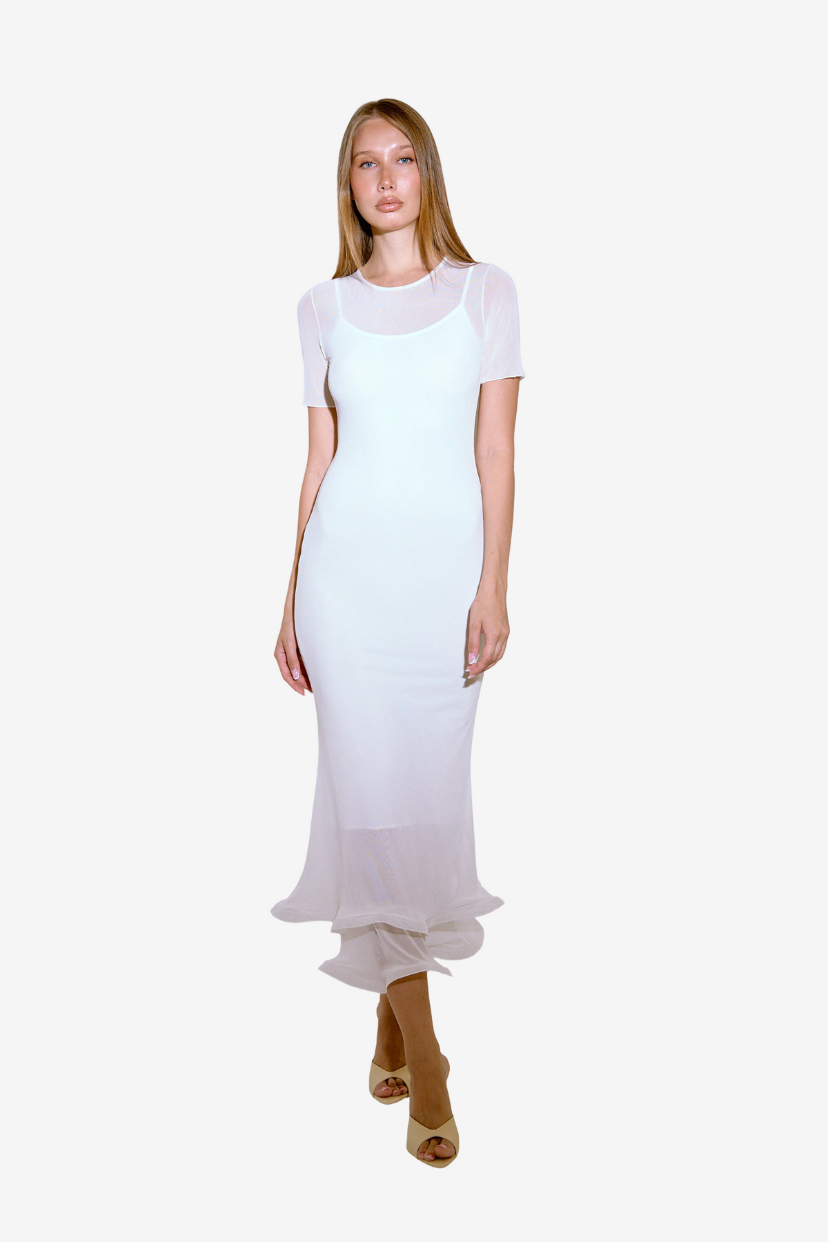 Ruffled-Hem Midi Dress with Slip Lining