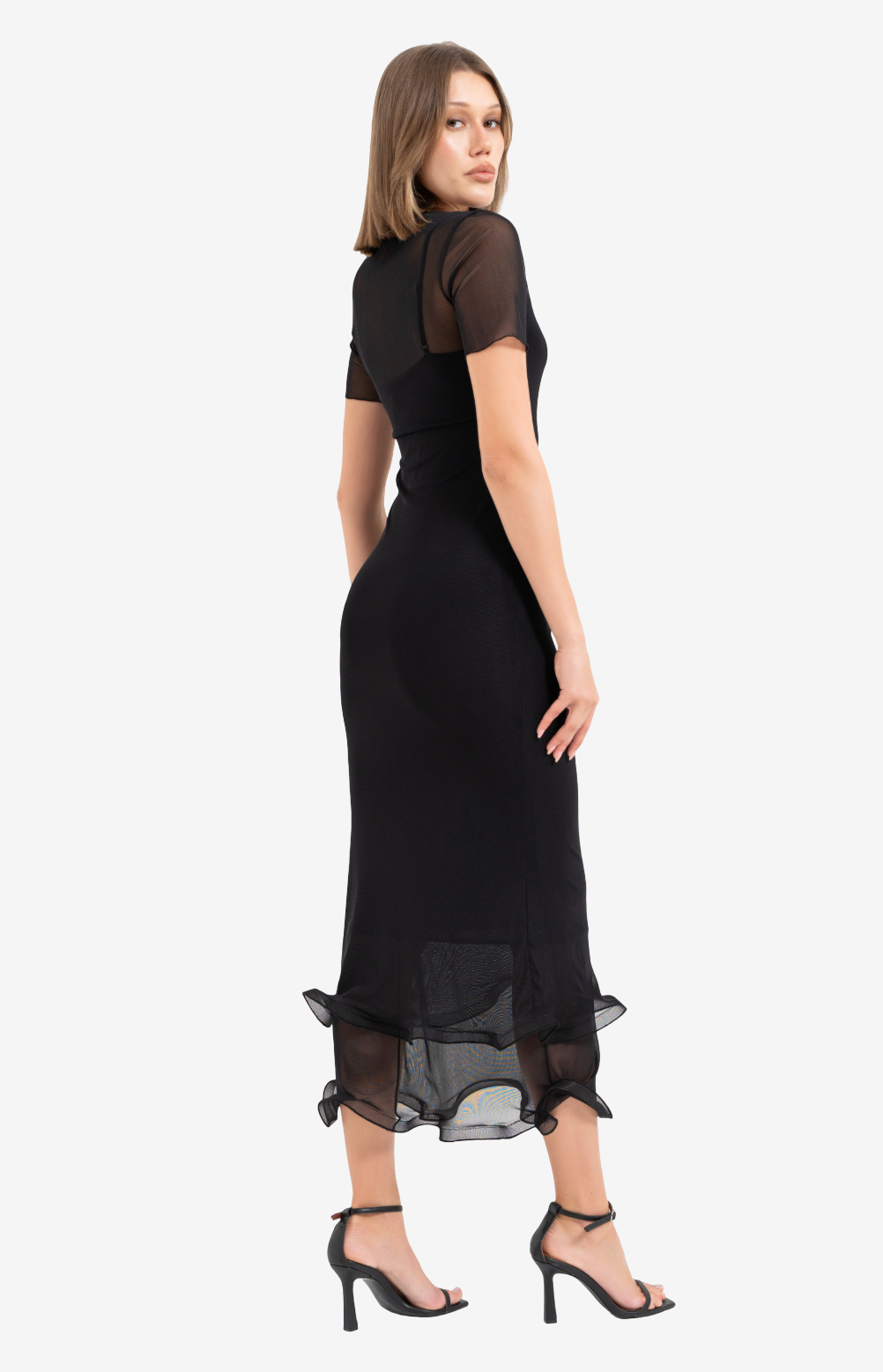 Ruffled-Hem Midi Dress with Slip Lining