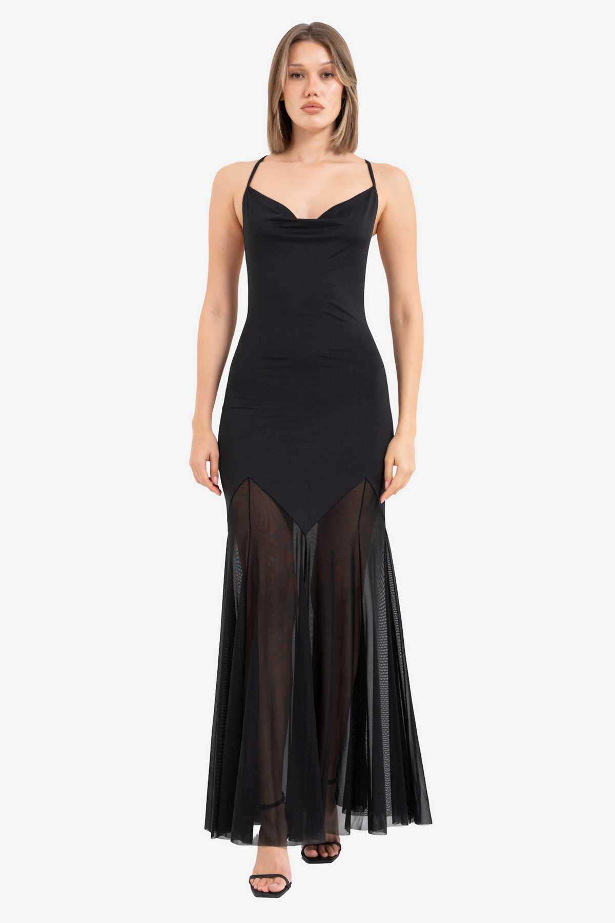 Satin Bodice Maxi Dress with Mesh Skirt
