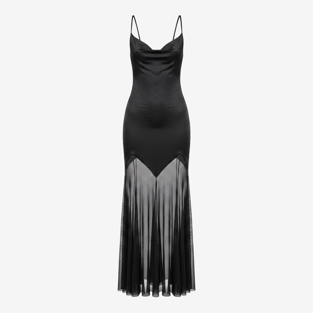 Satin Bodice Maxi Dress with Mesh Skirt